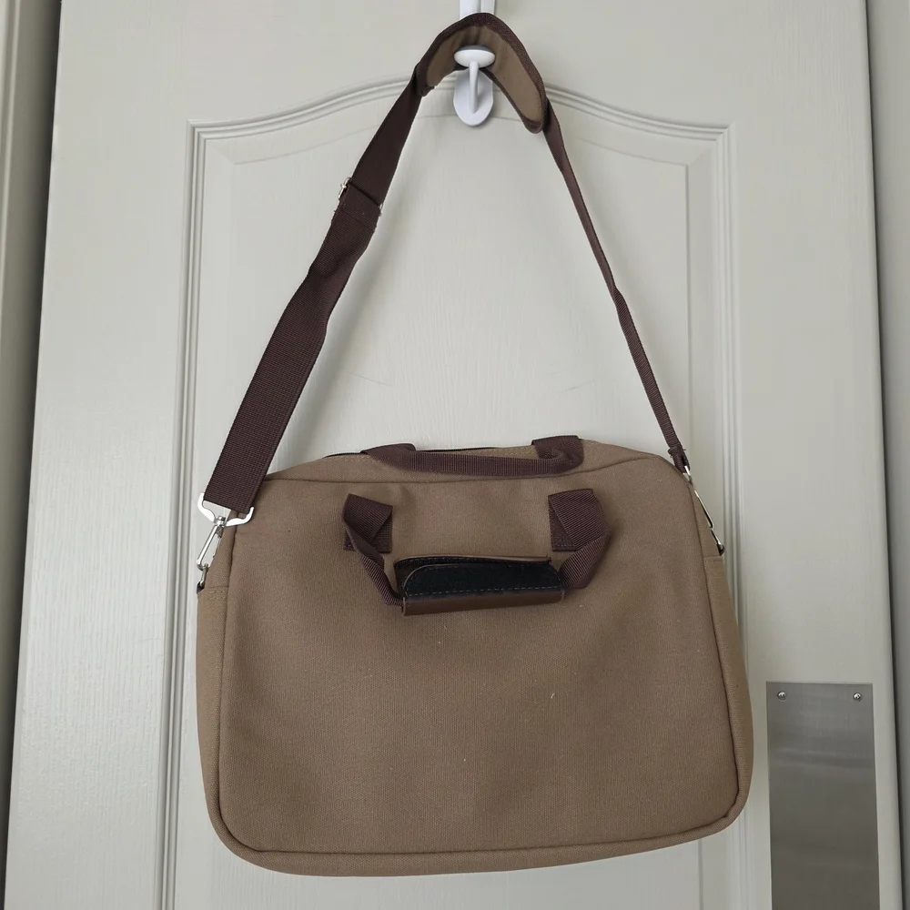 Classic Tan Canvas Messenger Bag with Dark Brown Strap